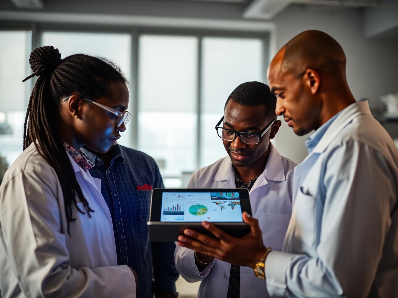 Denova researchers reviewing data